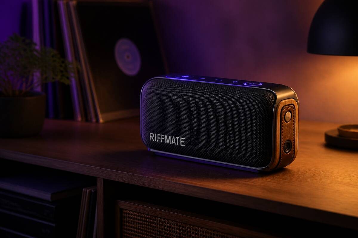 RIFFMATE Beam portable speaker on a wood shelf in a modern living room