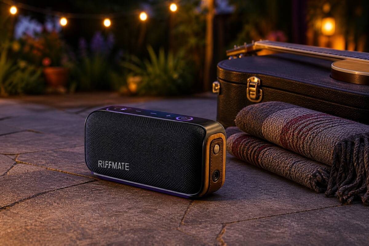 RIFFMATE Beam portable speaker outdoors beside a blanket and guitar case
