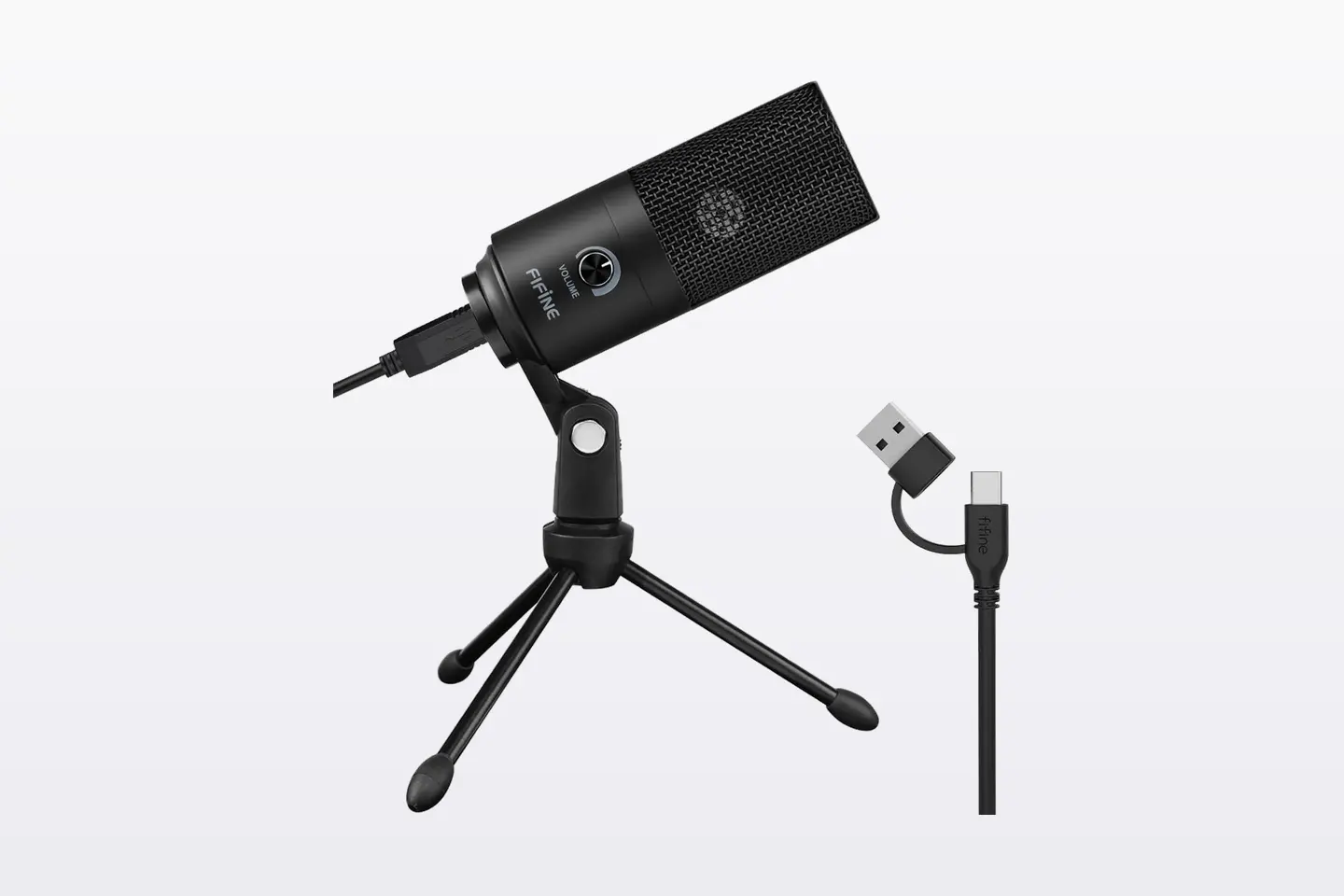 FIFINE K669B microphone on its folding tripod with the USB cable