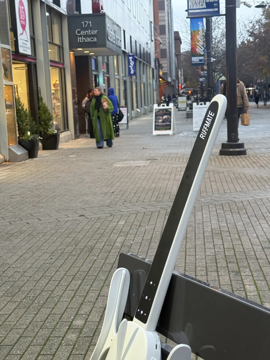 RIFFMATE smart guitar in downtown Ithaca Commons, New York