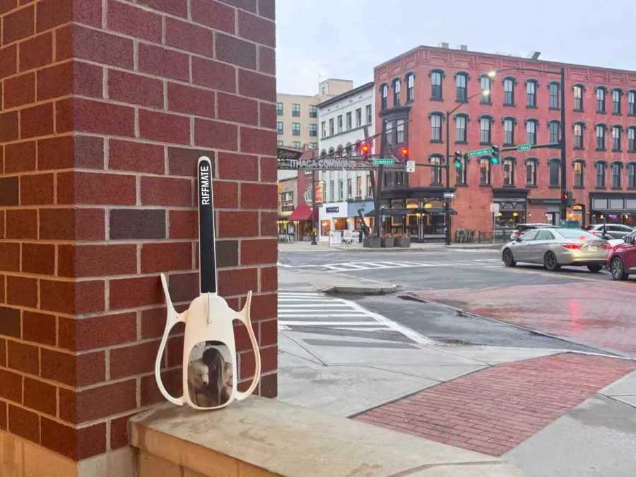 RIFFMATE smart guitar at the Ithaca Commons entrance, Ithaca, New York